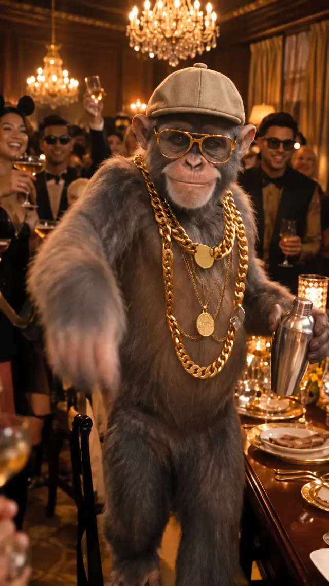 Monkey character performing in a party lounge